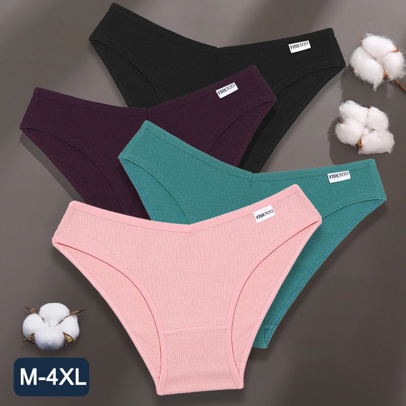  FINETOO Plus Size M-4XL Panties Women Cotton Female Underpants Sexy Panties Briefs Underwear Solid Color Pantys V-Waist Lingerie 