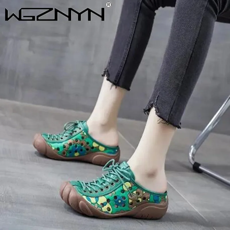 

Genuine PU Leather Flats Women Slippers Shoe Print Lace-up Round Toe 2022 New Spring Concise Leisure Retro Handmade Ladies Shoes