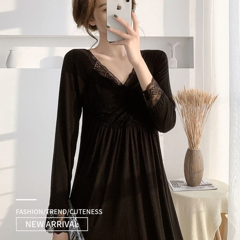 Ночная сорочка Женская атласная с V-образным вырезом и длинным рукавом |