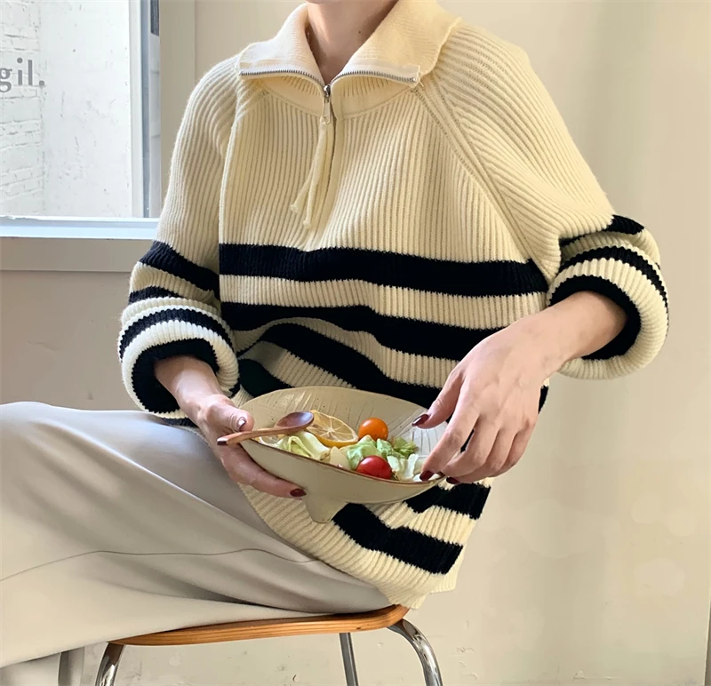 FINEWORDS винтажный повседневный зимний полосатый вязаный свитер женский корейский