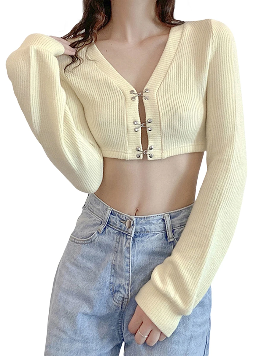 

Women Crop Tops V-Neck Hook Buttons Front Cardigan T-Shirts Slim Fit Exposed Navel Shirts Streetwear