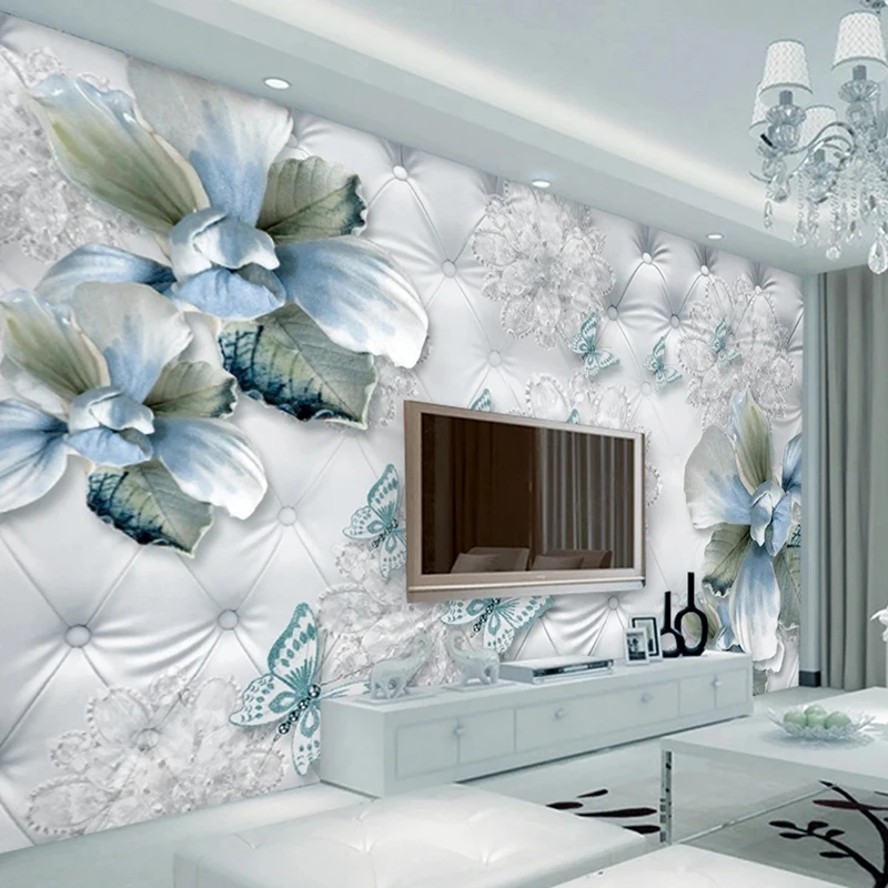 

3D обои синий цветок бабочка мягкая упаковка фрески современная простая гостиная спальня домашний декор настенная живопись Papel де Parede