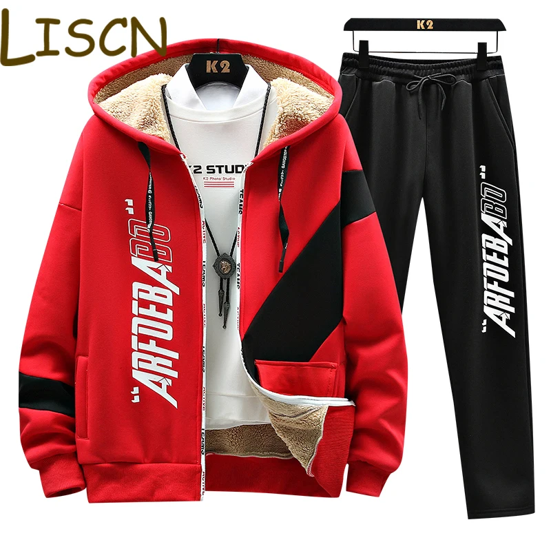 

Мужской спортивный костюм с капюшоном, новый зимний модный флисовый красный сохраняющий тепло Свободный Мужской Повседневный свитшот, спортивный костюм, спортивные штаны для мужчин