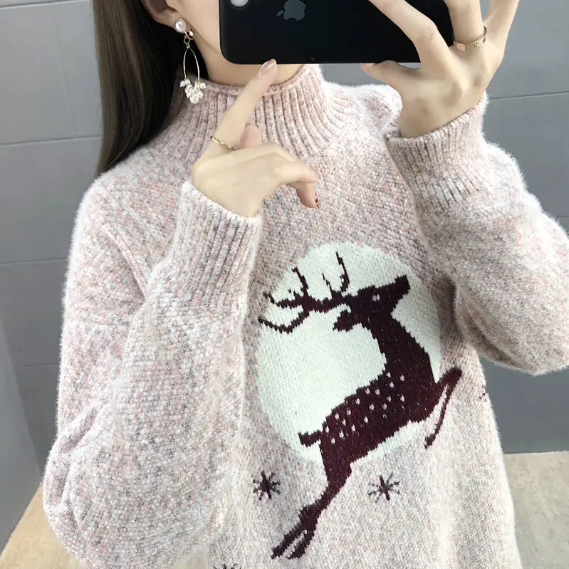 

Sweater Autumn Winter Christmas Elk Knitted Sweater Women Mink Thick Warm Women White Loose Knitted Pullovers Female Tops 2021