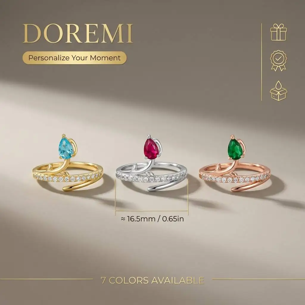 Водонепроницаемое кольцо DOREMI из нержавеющей стали с камнем по месяцу рождения, регулируемое, с цветочным узором, инкрустированное фианитами, персонализированный ювелирный подарок для нее (art.: 3920dc70de60e) - 3920dc70de60e