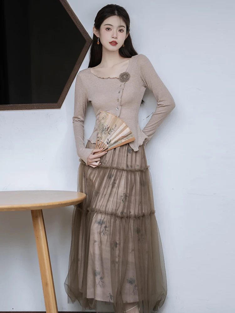 

Женский винтажный костюм из двух предметов, асимметричный шикарный топ с длинным рукавом и кружевная сетчатая юбка с принтом в стиле ретро, ...