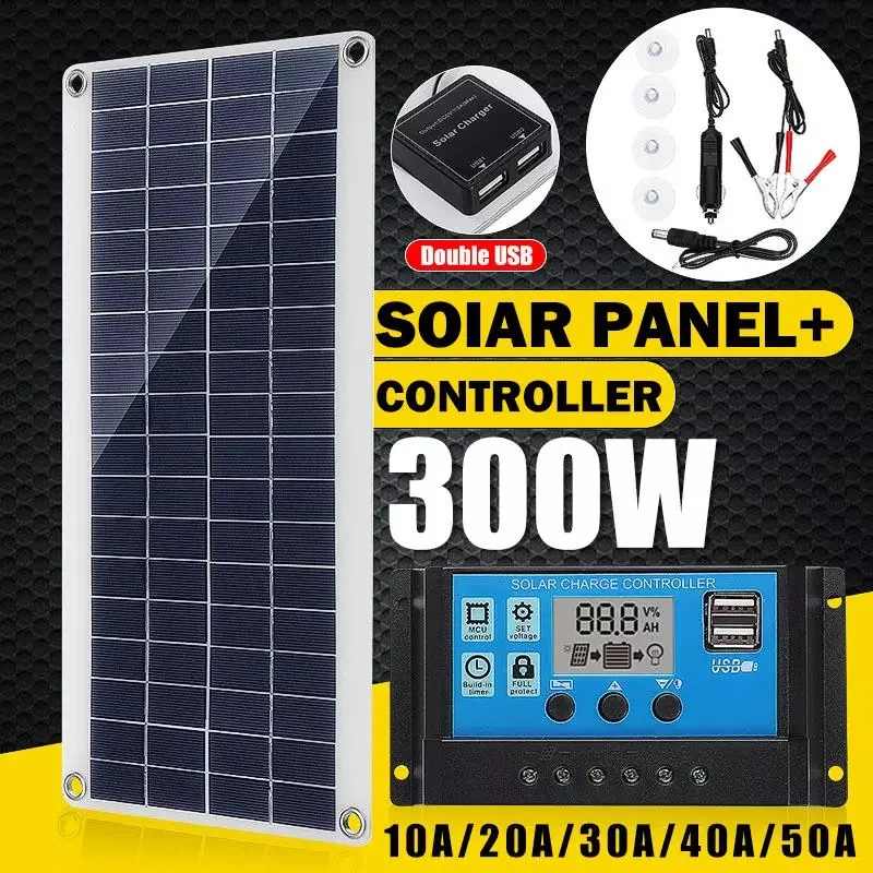 

300W Flexible Solar Panel Solar Cells 50A-10A Solar Controller Module for Car RV Boat Home Roof Van Camping 12V Solar Battery