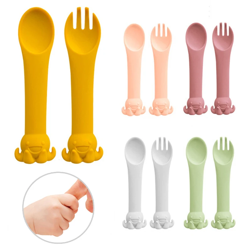 

2Pcs/set New Baby Fork Spoon Suit Newborn Boy Girls Training Utensils Kids Learn Soft Silicone Tableware Children Forks Spoons