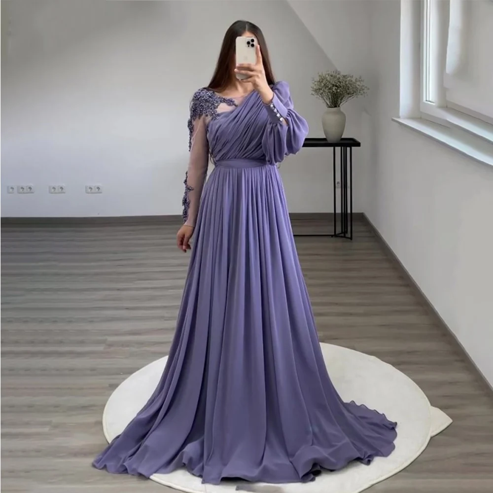 

Purple Evening Dresses For Women V-Neck Full Sleeves Prom Gown With Applique Chiffon A-Line Sweep Train فساتين مناسبة حسب الطلب