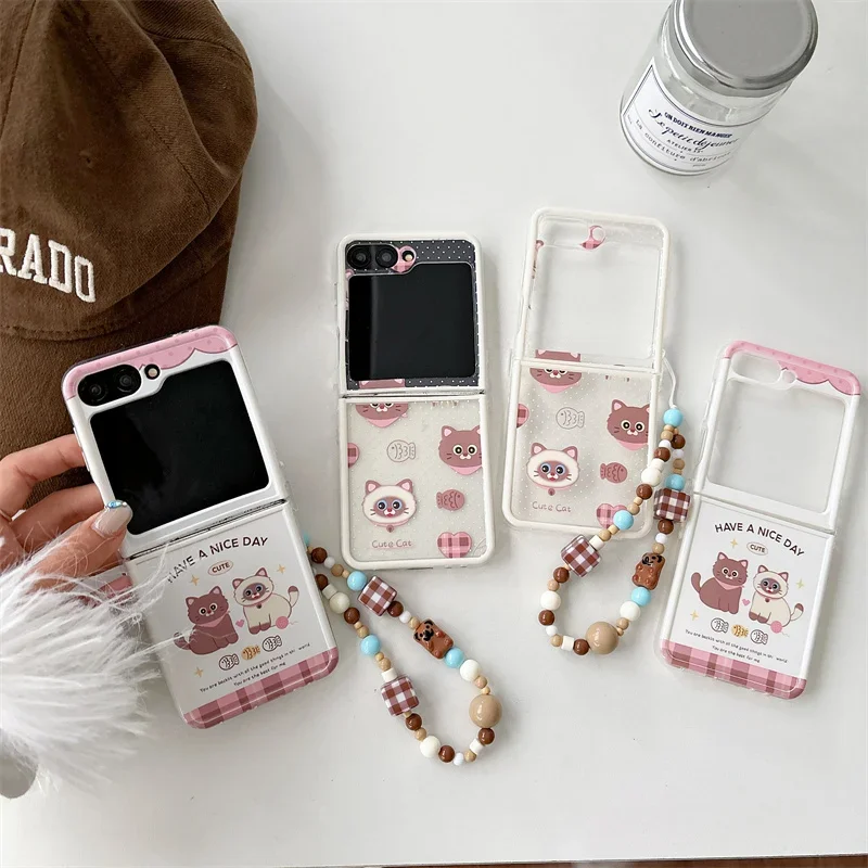 Для Samsung Galaxy Z Flip 6 5 4 3 браслет с мультяшным котом противоударный чехол прямым