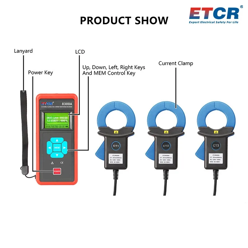 Фото Трехканальный измеритель тока утечки ETCR8300/ETCR8300A с цифровым дисплеем, 500А/20А, для онлайн-мониторинга в реальном времени №2