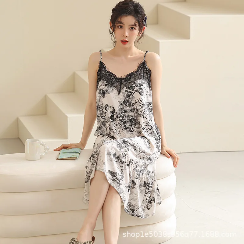 Summer Pajamas for Women's  Thin Section Sleeveless Sling V-neck Lace Decoration Retro Noble Style Casual Home Sexy Nightgowns