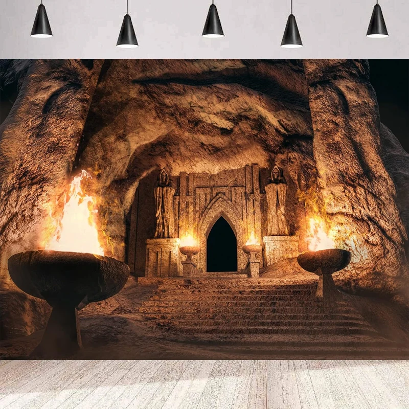 Фон для фотосъемки с изображением входной пещеры в древнем храме статуи монахов