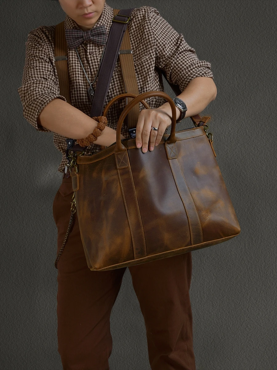 Высококачественный винтажный портфель из кожи Крейзи Хорс с несколькими