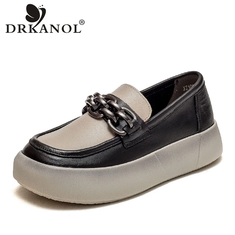 

Лоферы DRKANOL женские без шнуровки, натуральная кожа, платформа, металлическая цепочка, Повседневная Ретро обувь ручной работы, смешанные цвета