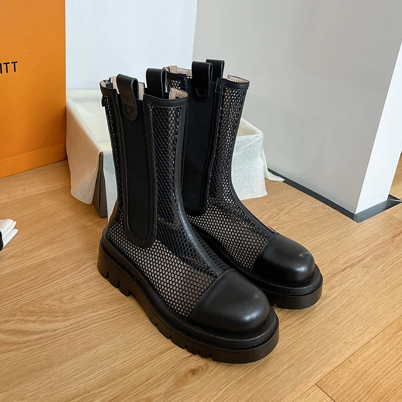 

2022 summer Height Increasing Fashion Skinny Booties Mid-Calf Mesh Smoke Pipe Female Boots Platform Thin Women