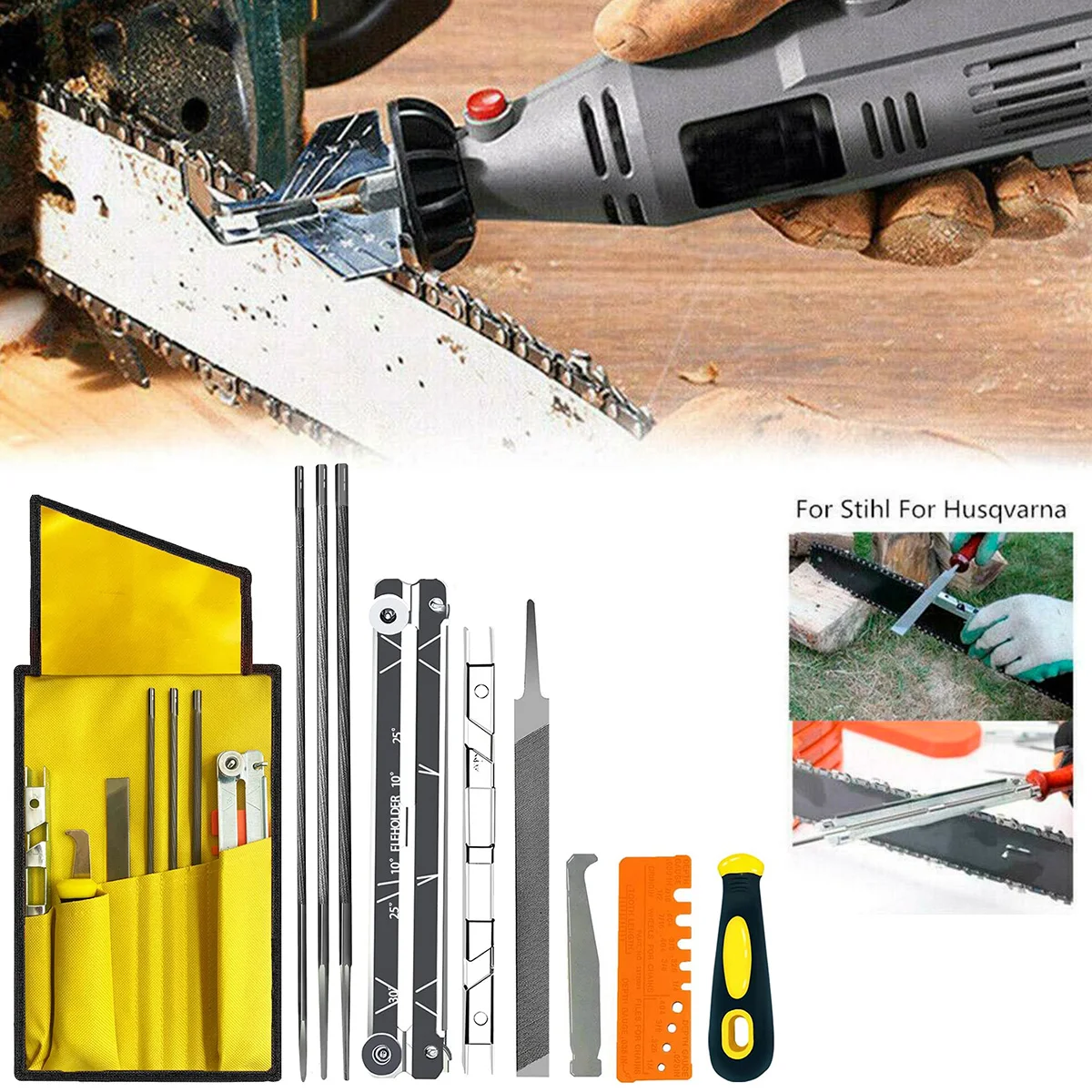 

Professional Chainsaw Chain Sharpening Kit Tool Set Hardwood Handle Round/Flat File Guide Bar File Sharpener Tools
