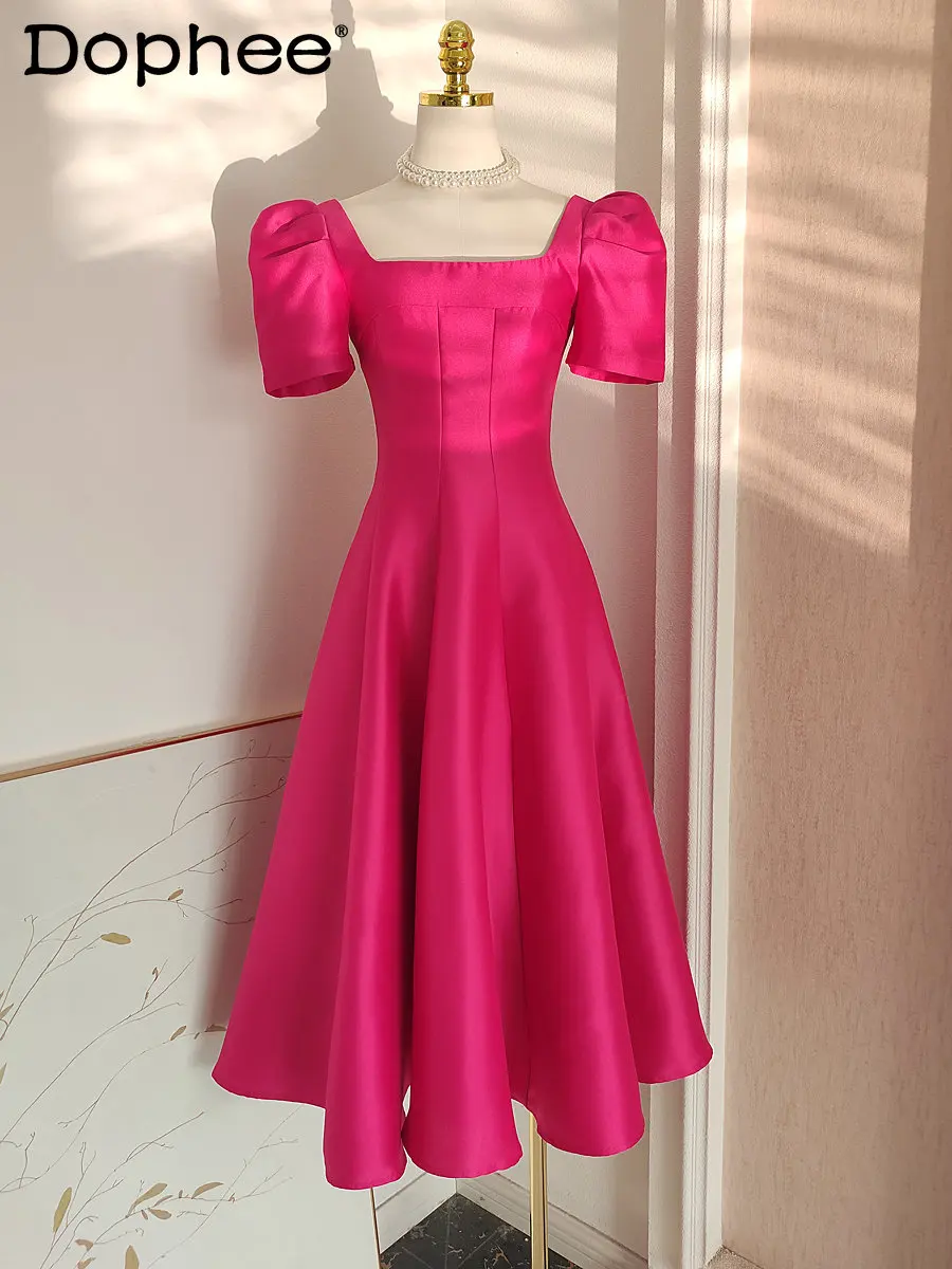 French Hepburn Pleated High Waist Slimming Swing Solid Color Square Collar Short Sleeve Dress Women High-end Summer Maxi Dress