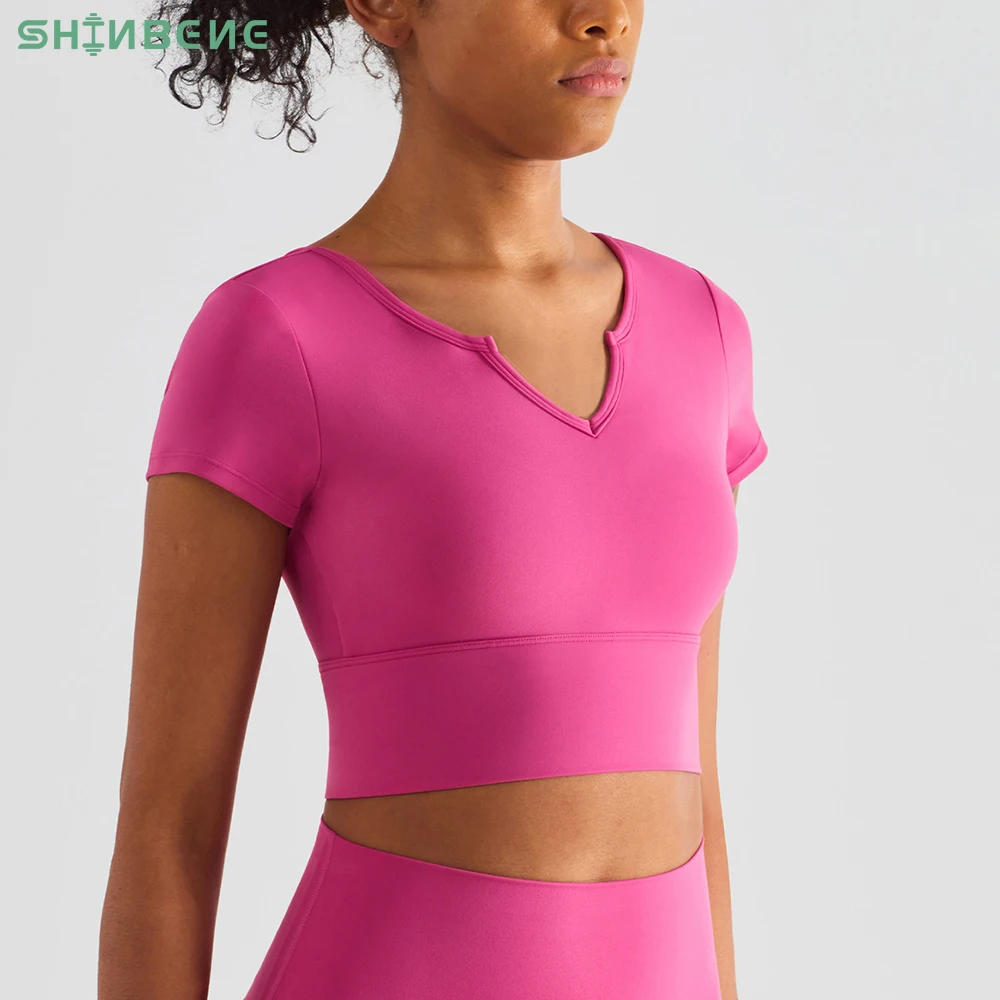 

SHINBENE 2in1 Bare Naked Feel Padded Yoga Crop T-shirt Women Sexy V Neck Slim Fit Gym Sport Crop Top Sweatwear with Built In Bra