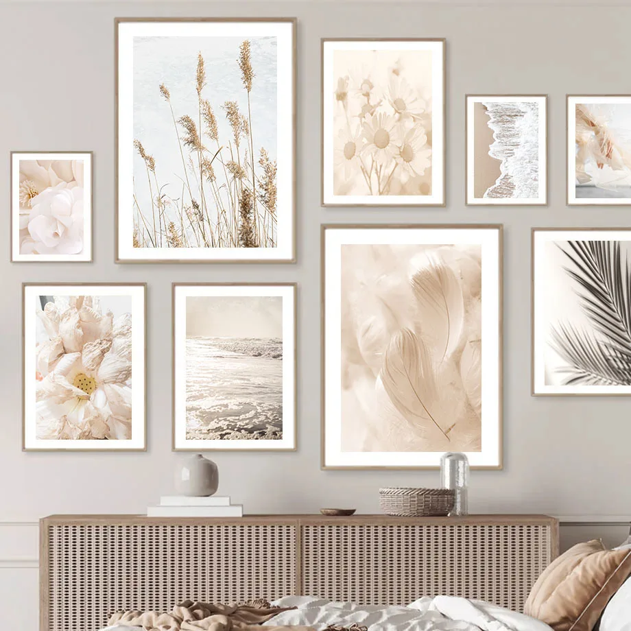

Beige Beach Waves Reed Grass Flower Feather Palm Leaf Wall Art Print Canvas Painting Nordic Poster Decor Picture For Living Room