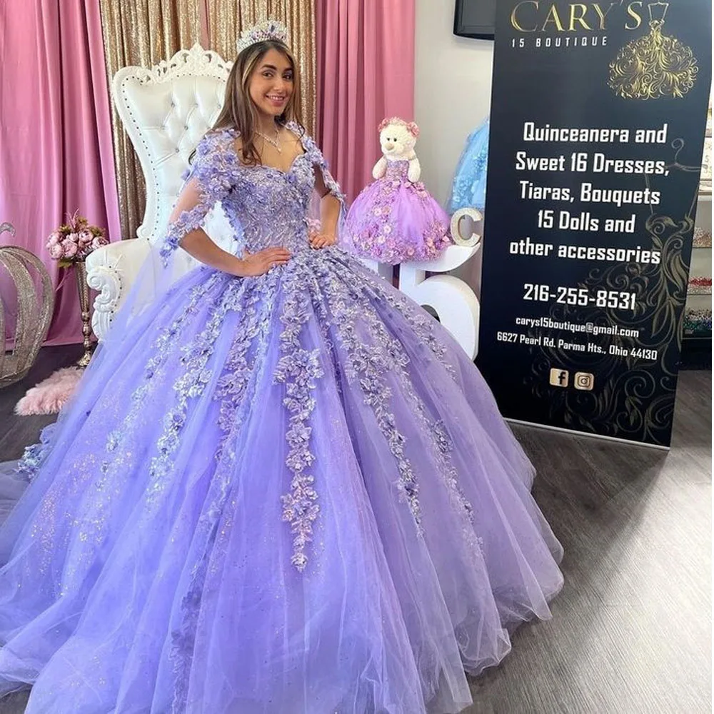 

Lilac 15 Year Old Quinceanera Dresses With Cape Off Shoulder Lace Floor Length Teens Girls