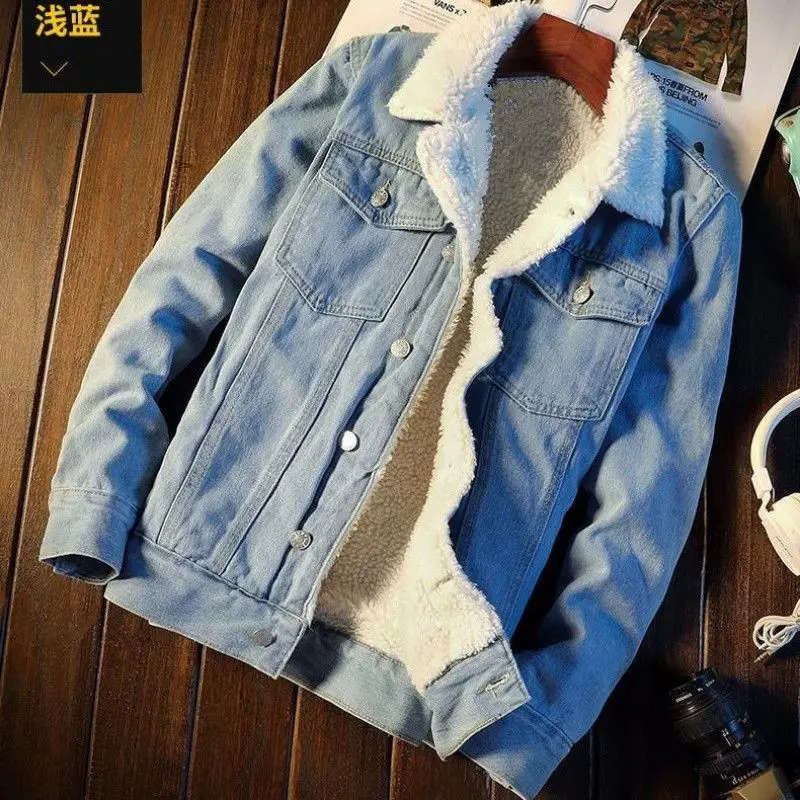 Winter Warm Fleece Denim Jacket Men's Slim Thickening Jacket Imitation Lamb Wool Youth Cotton Coat Winter Jacket Men