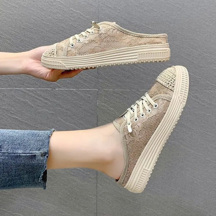 

New Ladies Half-drag Fashion Fabric Lace-up Shallow Mouth Thick-bottomed Non-slip Light and Versatile Casual Women Half-drag