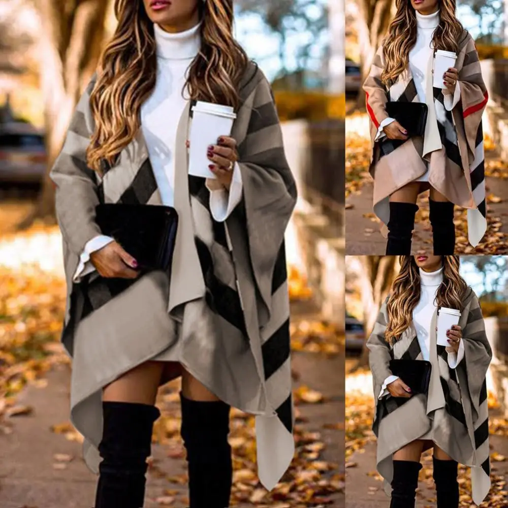 

Autumn Winter Batwing Sleeve trip Shawl Fashion Poncho Women Coat Plaid Stripes Scarf Shawl