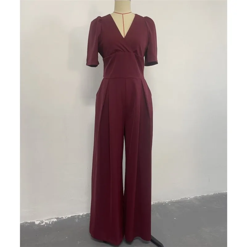 Bodysuit Jumpsuit Women 2023 Spring Casual Clothing Solid Color Sexy V Neck Tie High Waist Short Sleeve Loose Wide Leg Jumpsuit