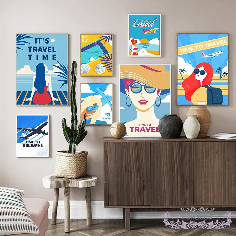 

Nordic Cartoon Tour Landscape Poster Time To Travel Airplane Tour Fashion Lady Canvas Painting Wall Art Modular Pictures