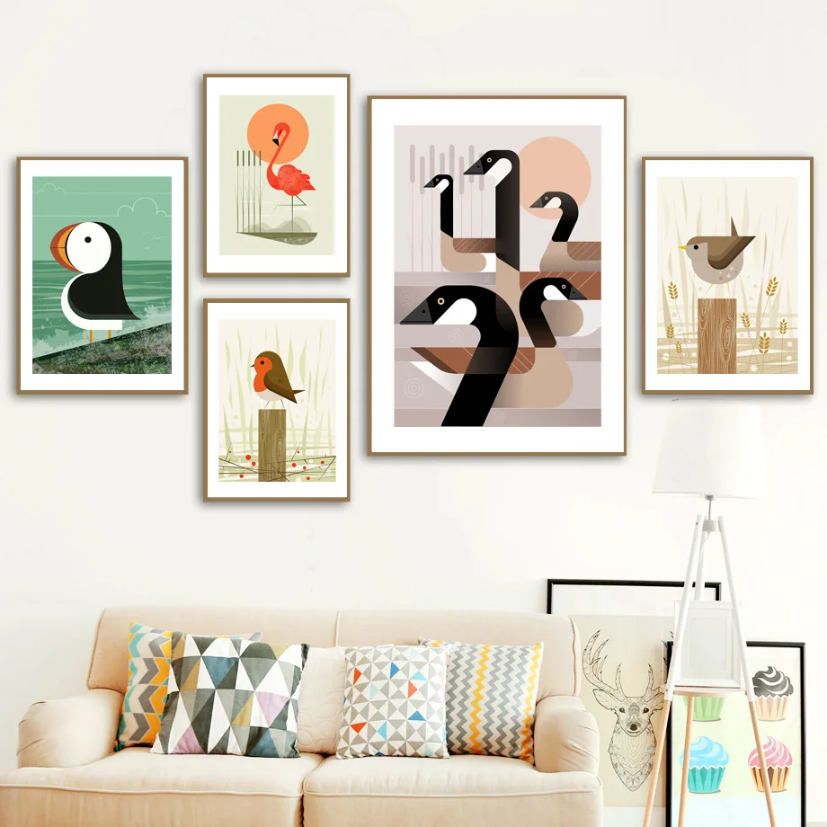 

Puffin Heron Wren Flamingo Geese Owl Bird Wall Art Canvas Painting Nordic Posters And Prints Wall Pictures For Living Room Decor