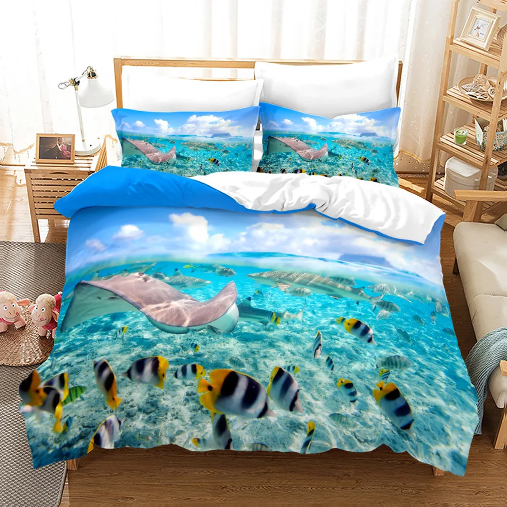 

Ocean Duvet Cover Set Polyester Underwater World Clownfish Shark Quilt Cover Sea Animal Theme Double Queen King Size Bedding Set