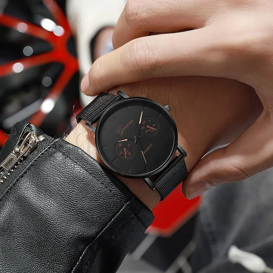 Мужские кварцевые часы с сетчатым браслетом светящиеся большим циферблатом