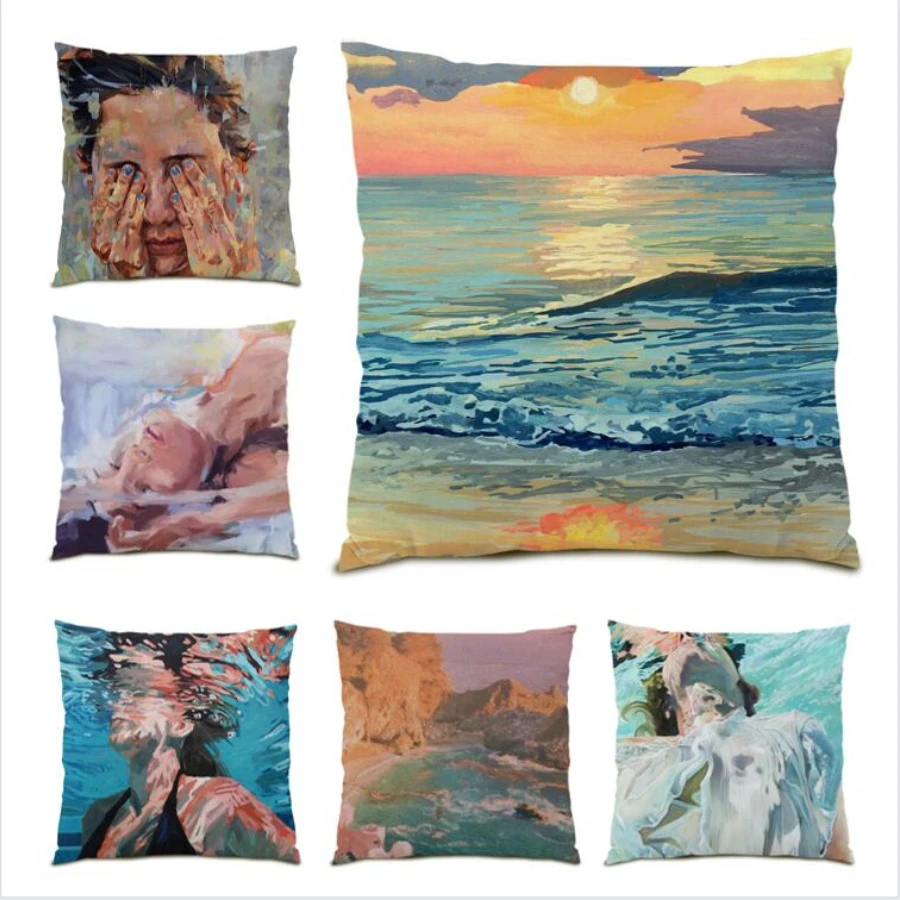 

Landscape Gift Cushion Cover 45x45 Decoration Home Velvet Living Room Decoration Throw Pillow Covers Oil Painting Sofa Bed E0074