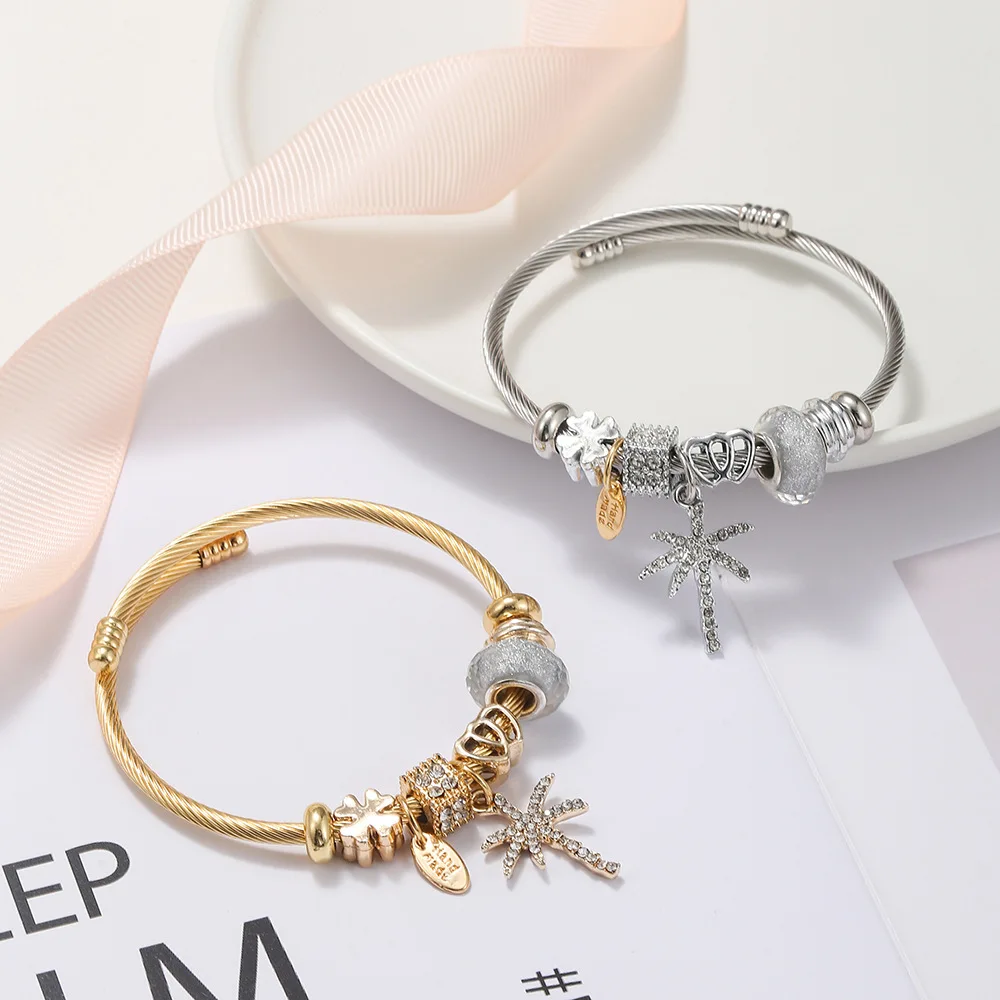 

DIY Stainless Steel Titanium Steel Bracelet Simple Beach Coconut Tree Charm Jewelry Bracelet