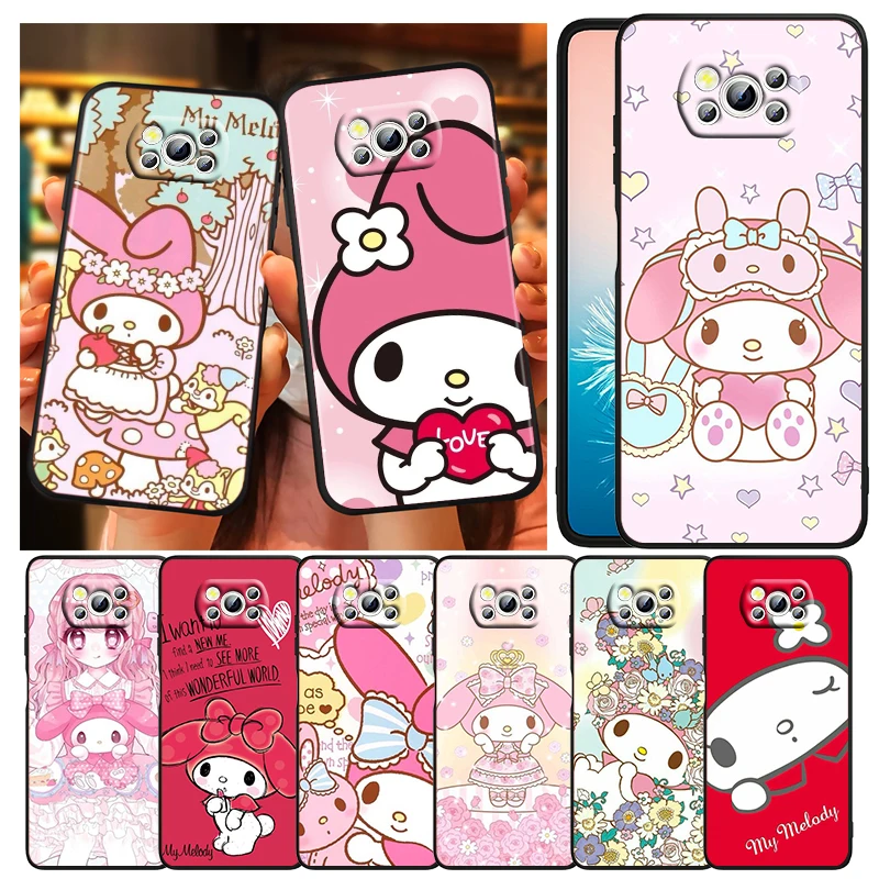 

Sanrio Melody Cute Anime Phone Case For Xiaomi Mi Poco X5 X4 X3 NFC F4 F3 GT M5 M5s M4 M3 Pro C55 C50 C40 5G Black TPU Cover