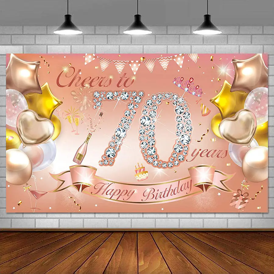 

70th Birthday Party Table Banner Backdrop Diamond Balloon Rose Gold for Girl Women Photography Background Photo Booth Poster
