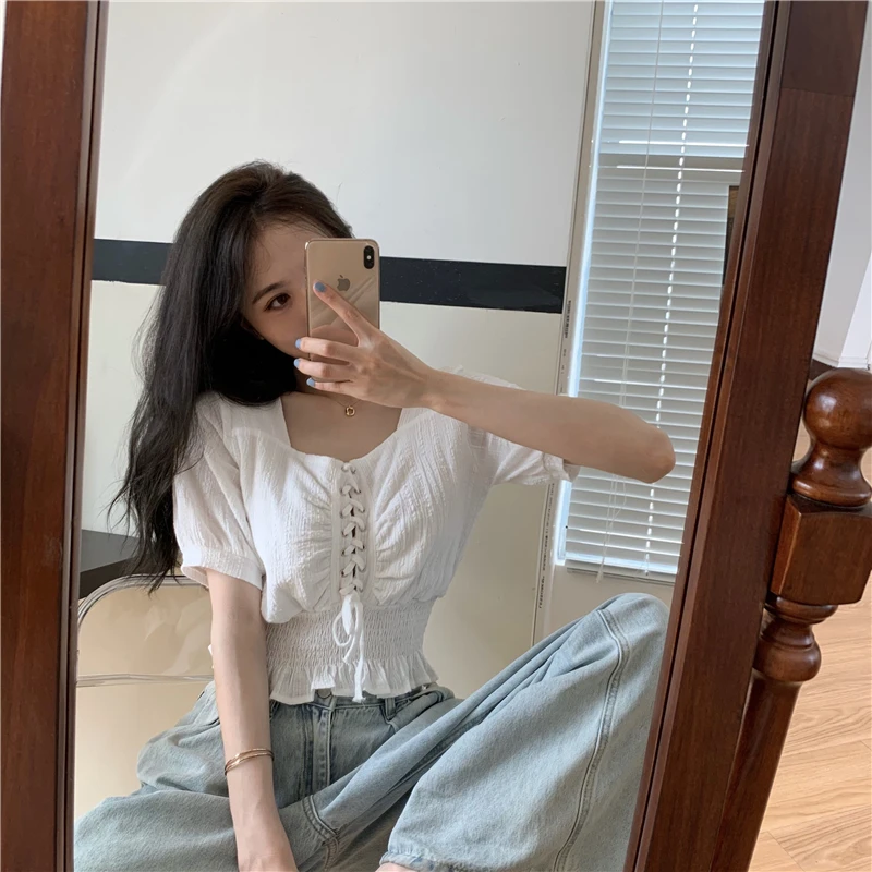 Модные белые женские блузки на завязках с пышными рукавами однотонная