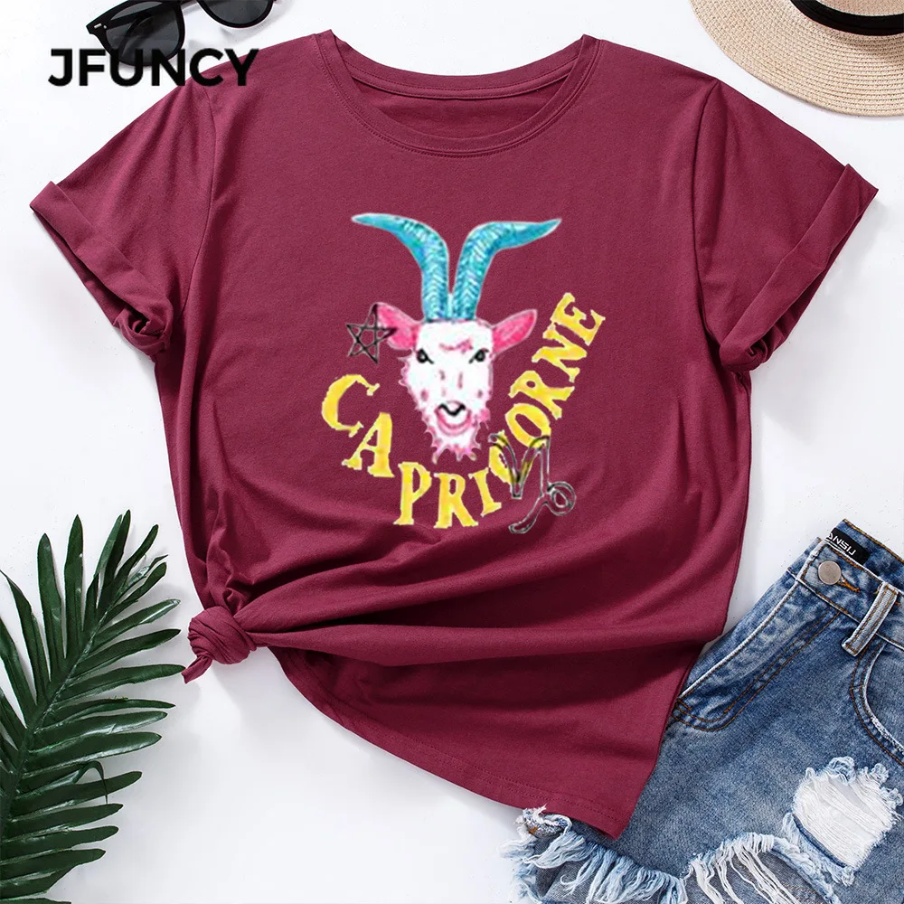JFUNCY  Cotton T-Shirt Women T Shirt Capricorn Print Short Sleeve Woman Shirts Casual Summer Graphic Tees Female