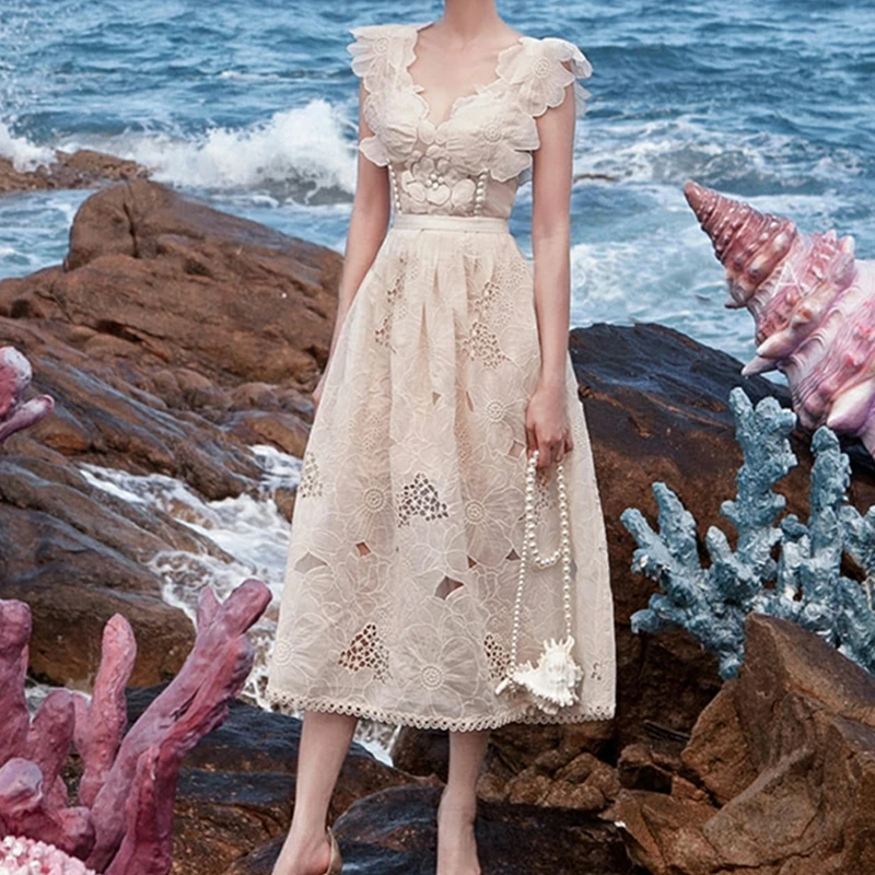 Платье-Макси женское кружевное без рукавов элегантный пляжный сарафан с