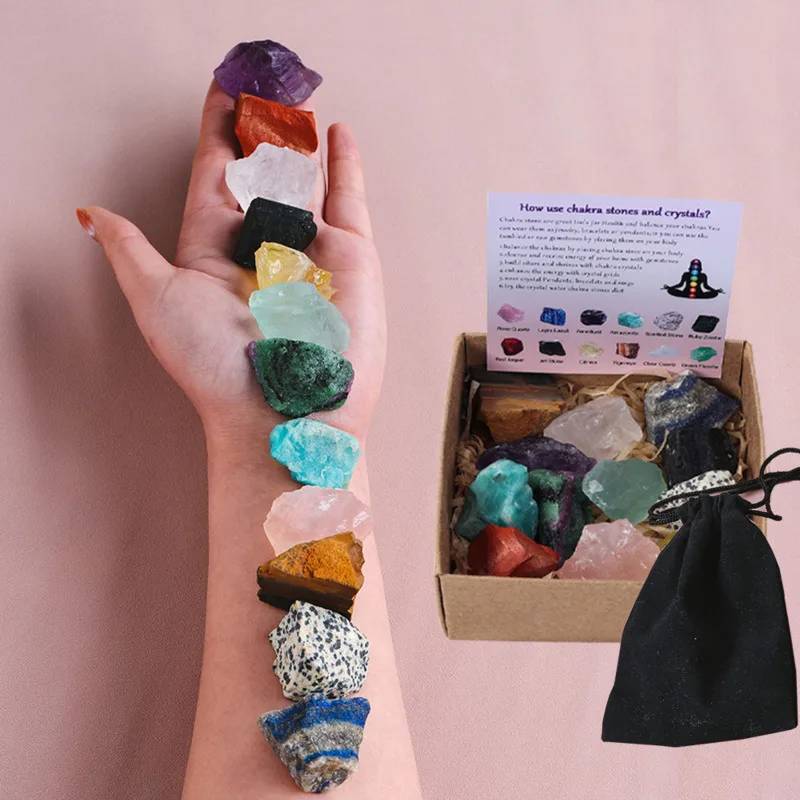 

12pcs Natural Rough Stone Collection Box Healing Energy Crystal Unpolished Amethyst Amazonite Loose Gems Kit Gifts Room Decor