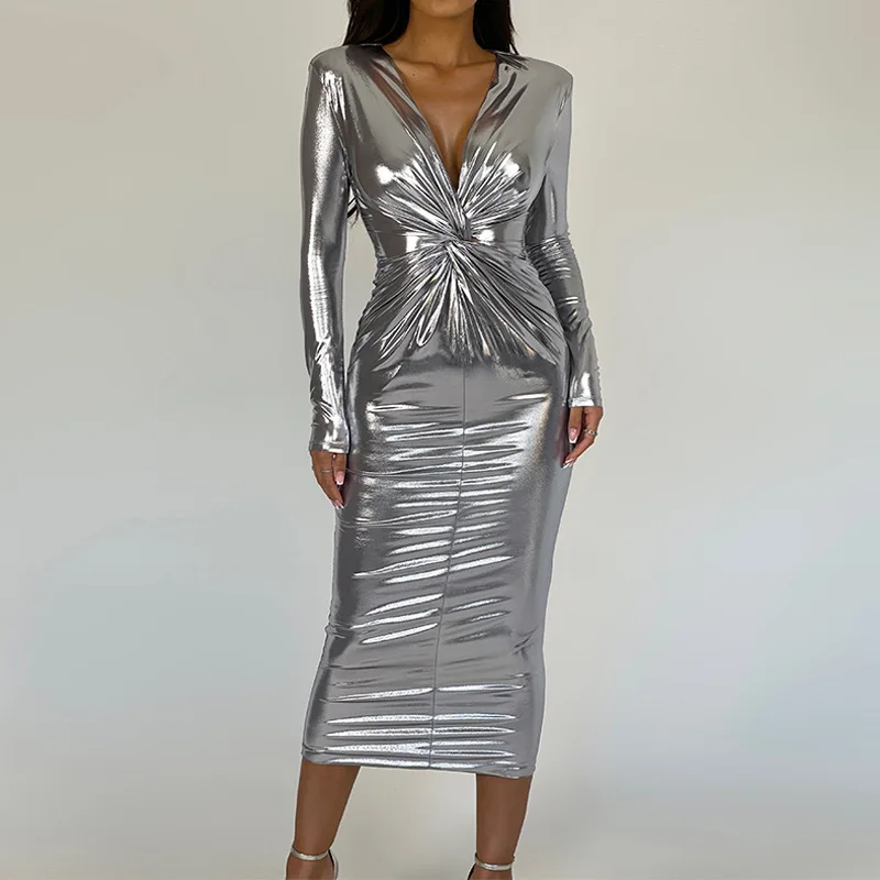 

Elegant Glitter Metallochrome Twist Long Dress Women Sexy Deep V Neck Long Sleeve Bodycon Clubwear Party Dresses Robe Femme 2023