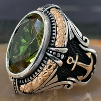 vintage gothic oval green crystal finger ring for man engraving anchor geometric pattern ring male party jewelry