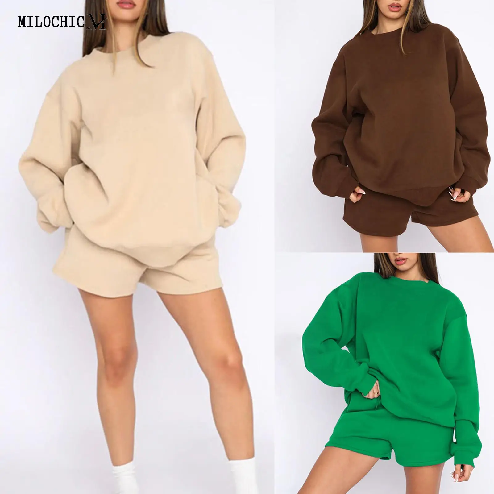 

Solid Color Ladies Summer 2 Piece Outfits Crew Neck Women Oversized Tee Shorts Set Loose Fit Elastic Waist H Shaped Daily Outfit