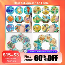 PhotoCustom 8pcs/Set DIY Flowers Diamond Painting Coaster Circle-Shaped Drill Point Drill Coaster Cup Cushion With Rack Gifts