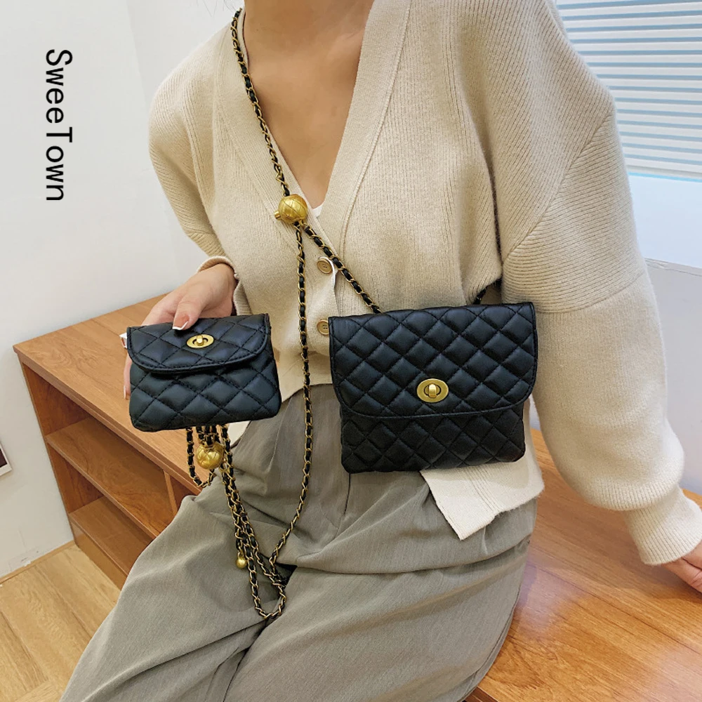 

Sweetown Waist Bag For Women Metal Chain Crossbody Bag Female Summer 2022 New Fashion Messenger Shoulder Bag Mini Flap Bag