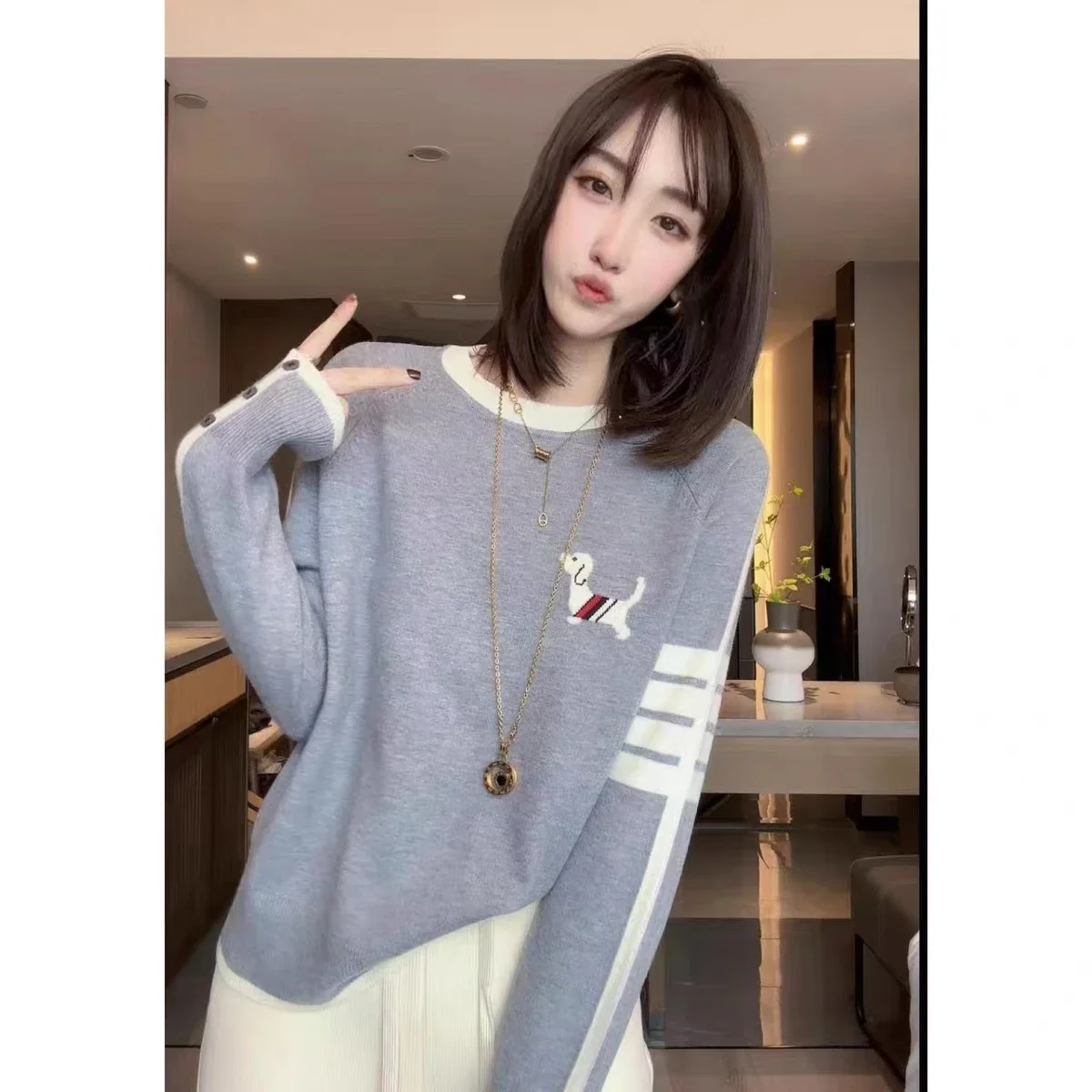 Корейские милые женские осенние Топы с длинными рукавами милый жаккардовый