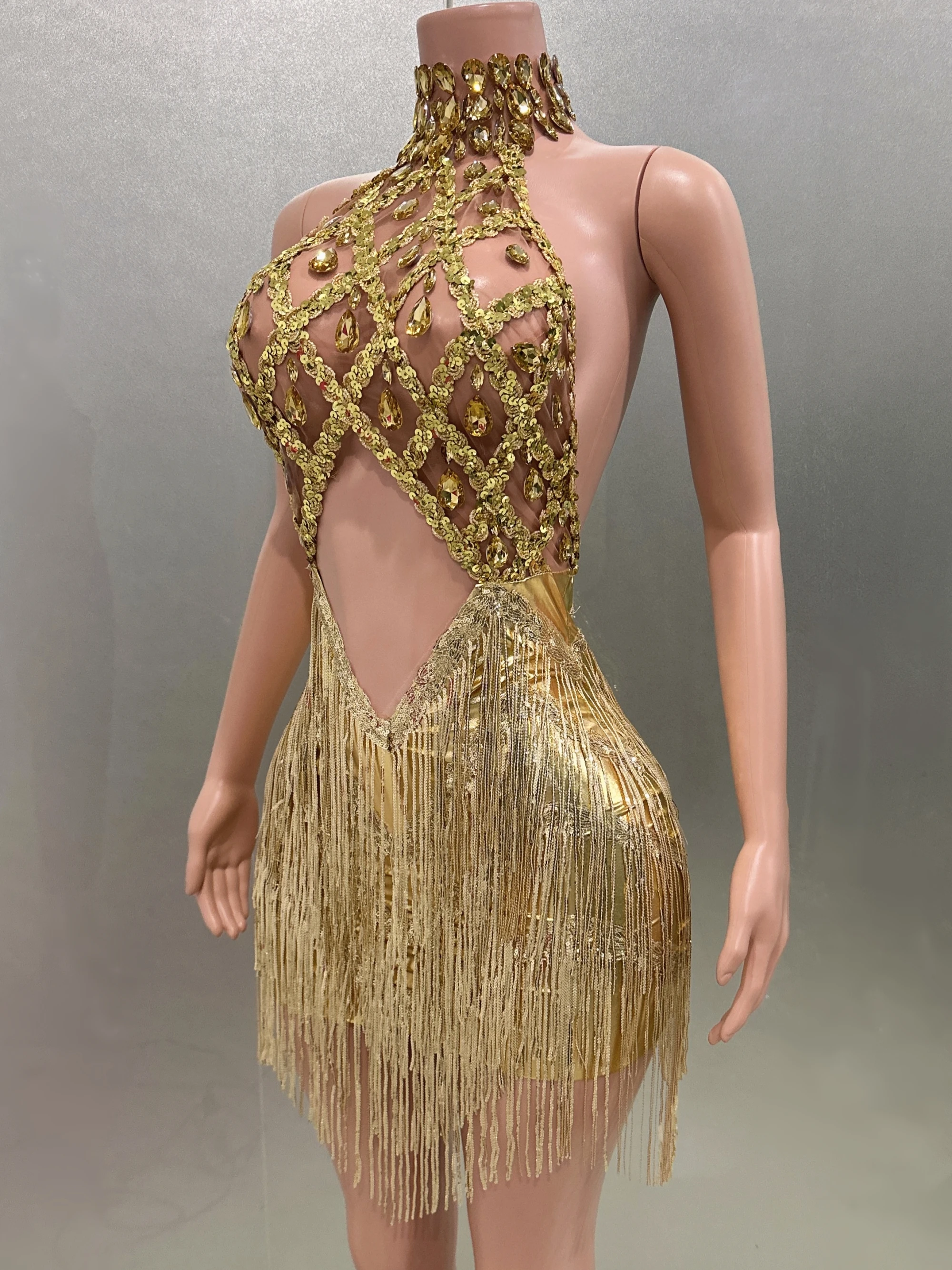 Блестящее женское платье с золотыми кисточками сексуальное мини-платье лямкой