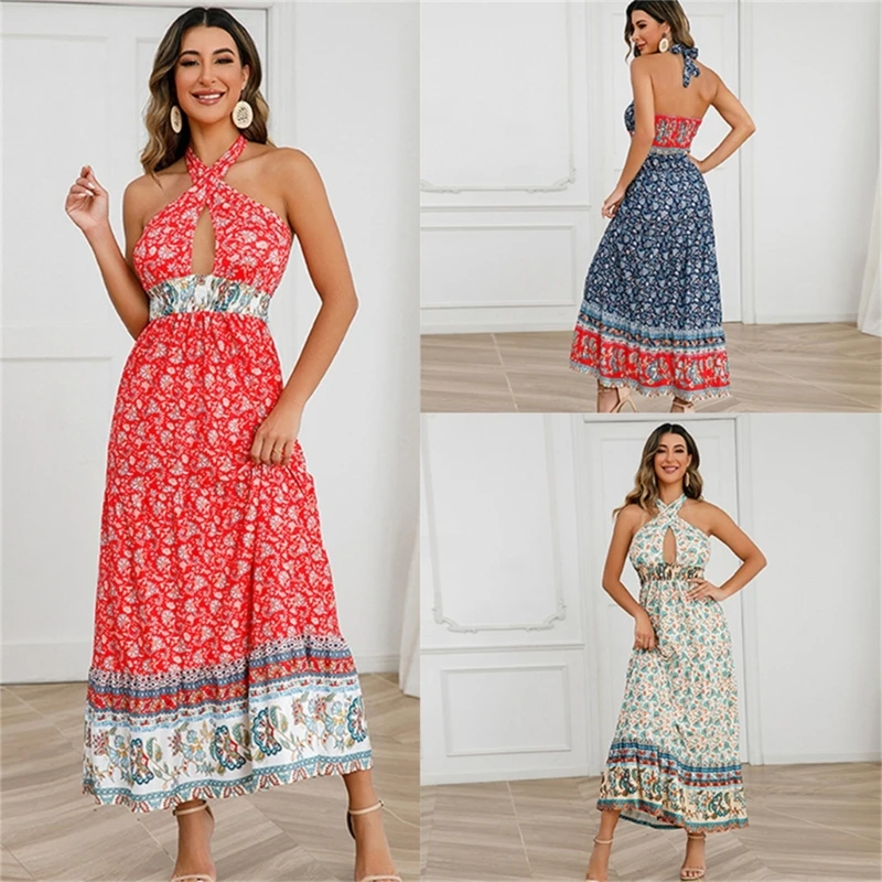

Женское летнее длинное платье без рукавов с цветочным принтом