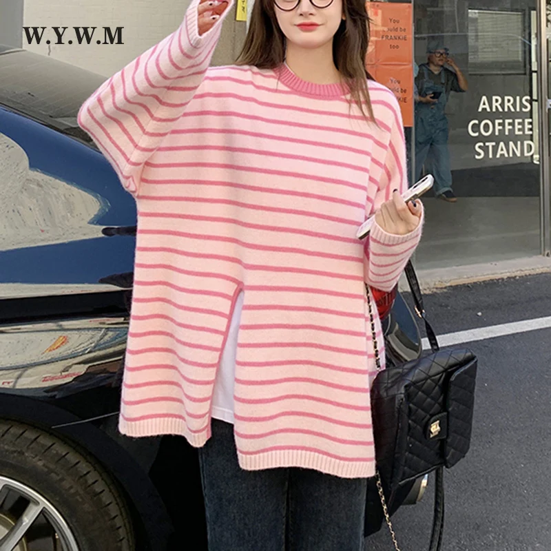 WYWM Autumn New Loose Stripe O-neck Knitted Sweater Women Korean Leisure Long Sleeve Split Trnedy Sweaters Female Warm Clothing